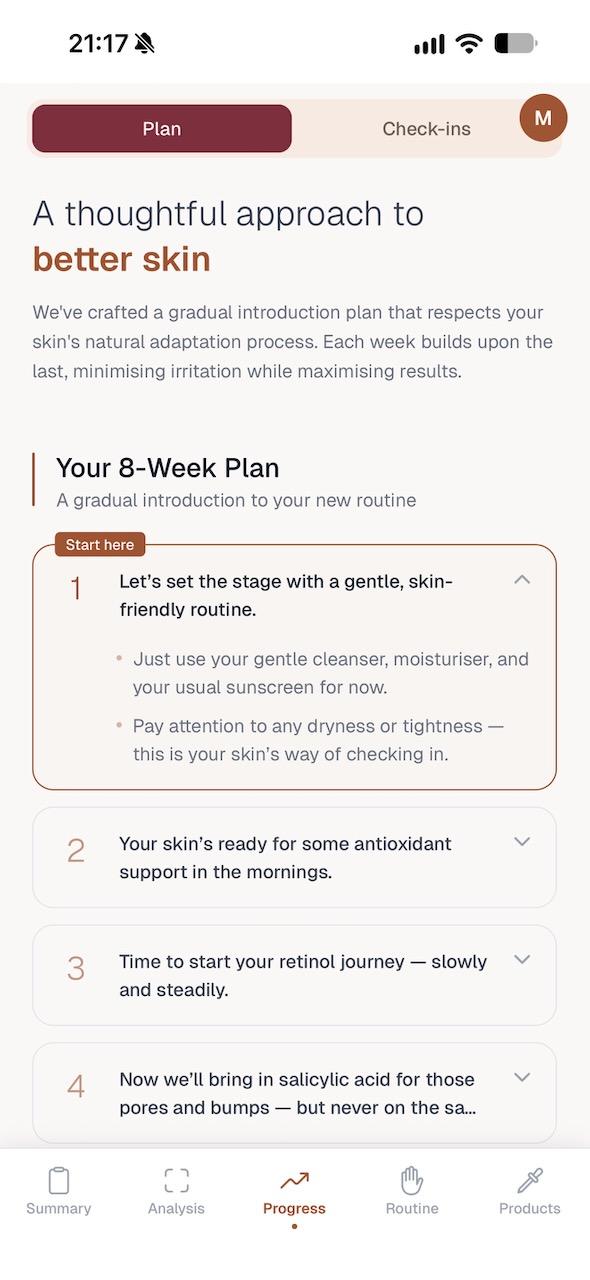 SkinSmith eight-week plan showing an expanded first week and the next stages of a gradual skincare routine.